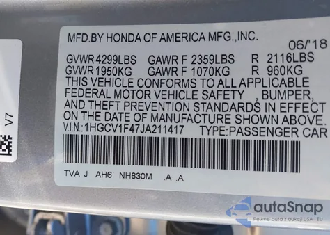 2018 Honda Accord Ex z USA, uszkodzony, nr VIN 1HGCV1F47JA211417